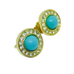 Vintage CHRISTIAN DIOR gold plated turquoise crystal designer clip on earrings
