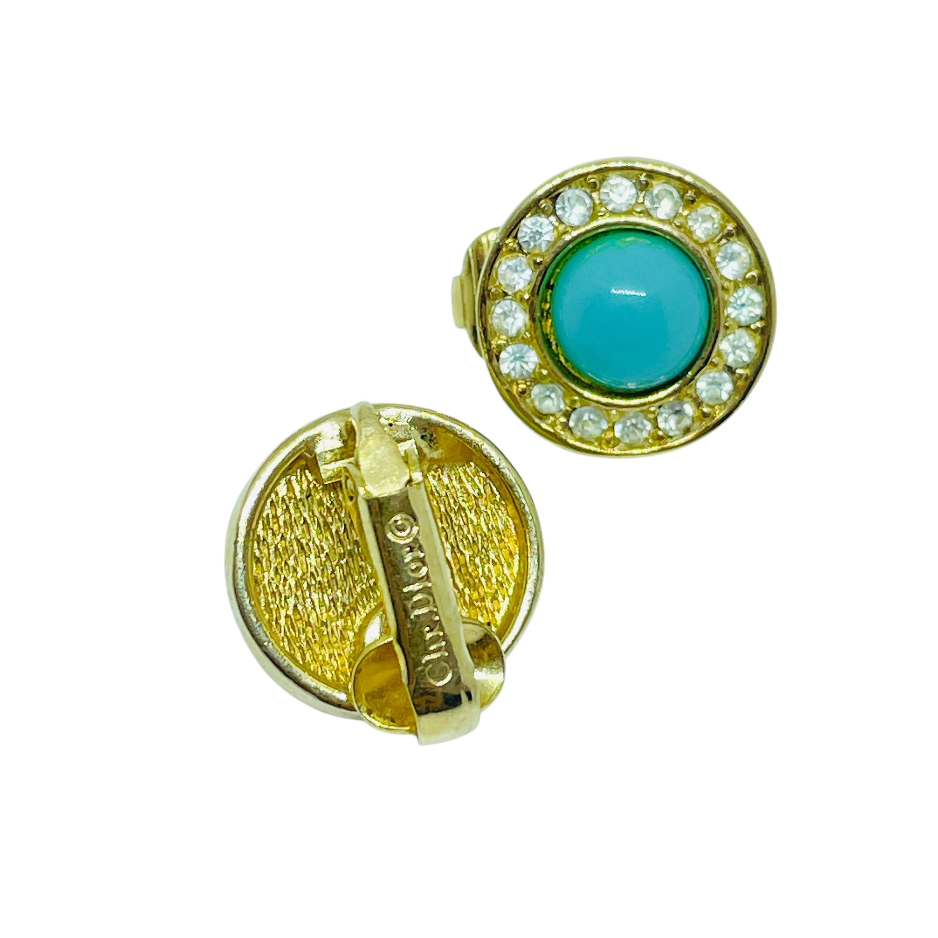 Vintage CHRISTIAN DIOR gold plated turquoise crystal designer clip on earrings In Good Condition For Sale In Palos Hills, IL