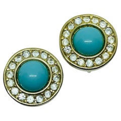 Vintage CHRISTIAN DIOR gold plated turquoise crystal designer clip on earrings