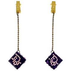 Vintage Christian Dior Gold & Purple Resin Dice Earrings By Galliano 2000S