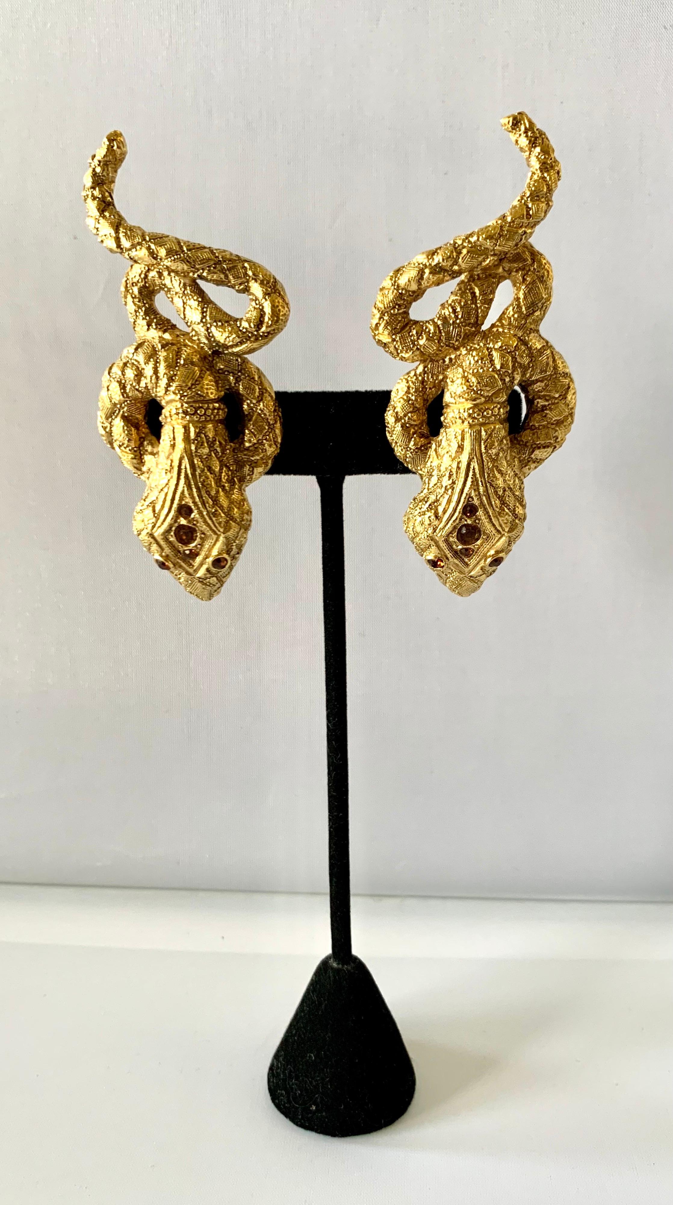 Vintage Christian Dior Gold Snake Statement Earrings In Excellent Condition In Palm Springs, CA