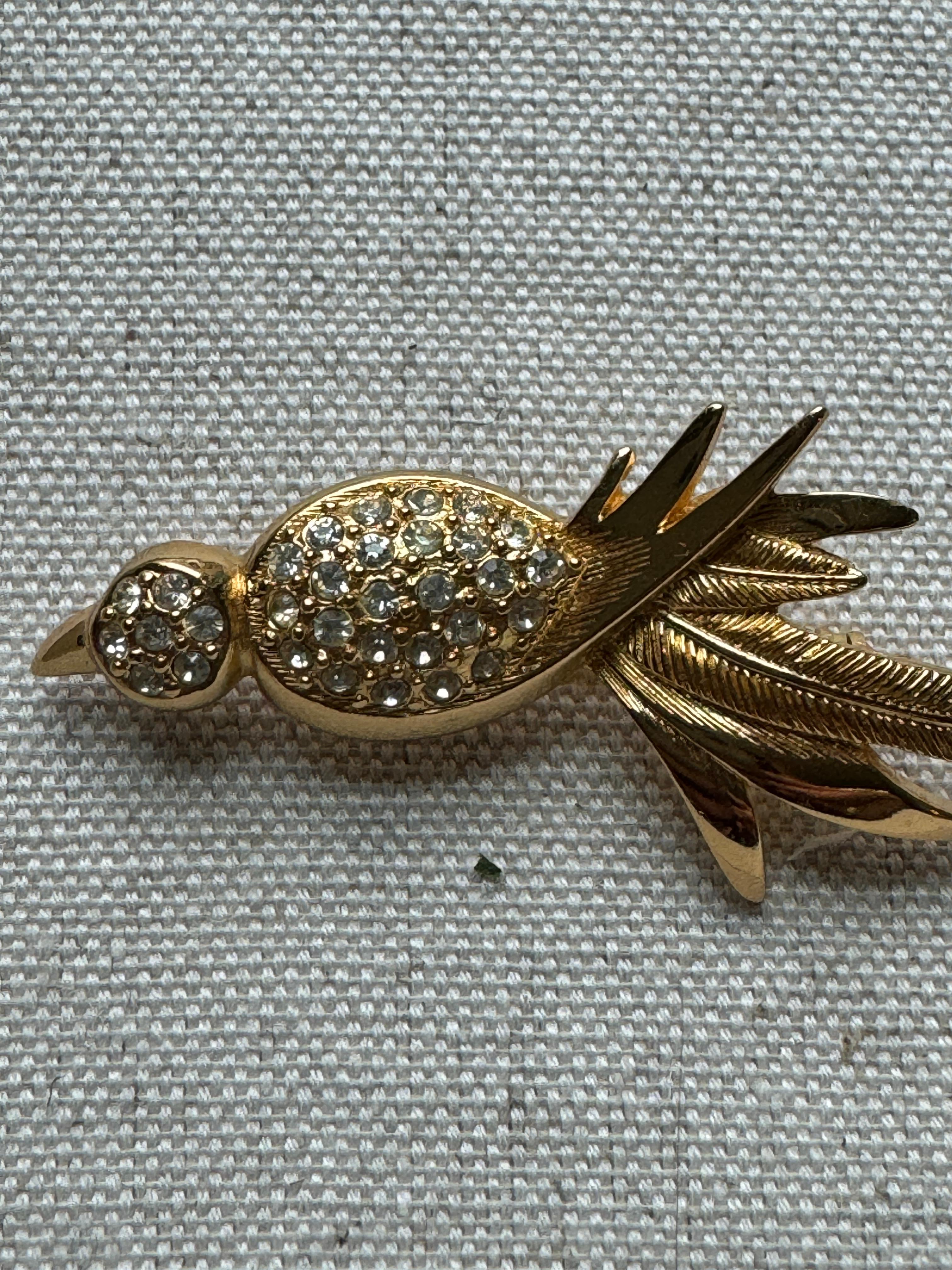 Round Cut Vintage Christian Dior Gold Tone Bird Brooch with Crystals  For Sale