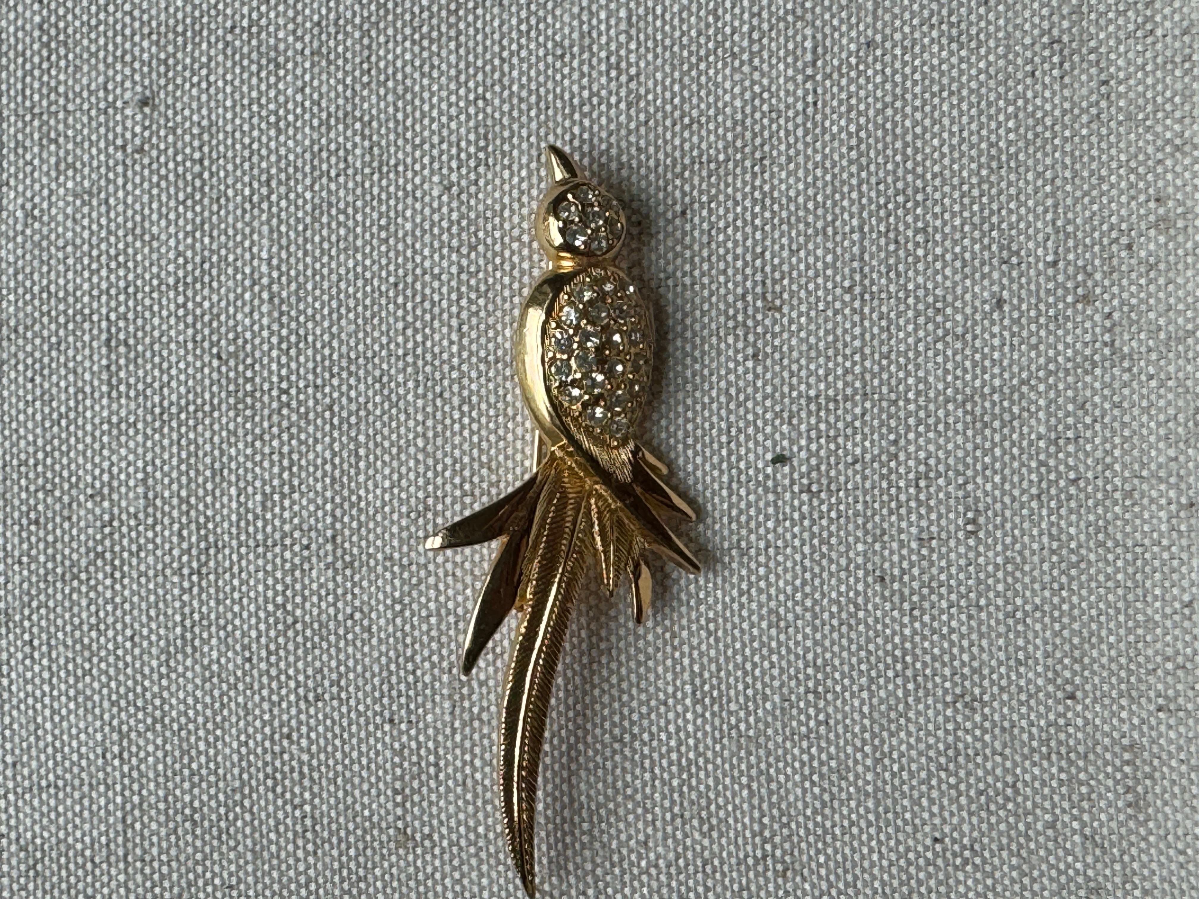 Vintage Christian Dior Gold Tone Bird Brooch with Crystals  In Excellent Condition For Sale In Amagansett, NY