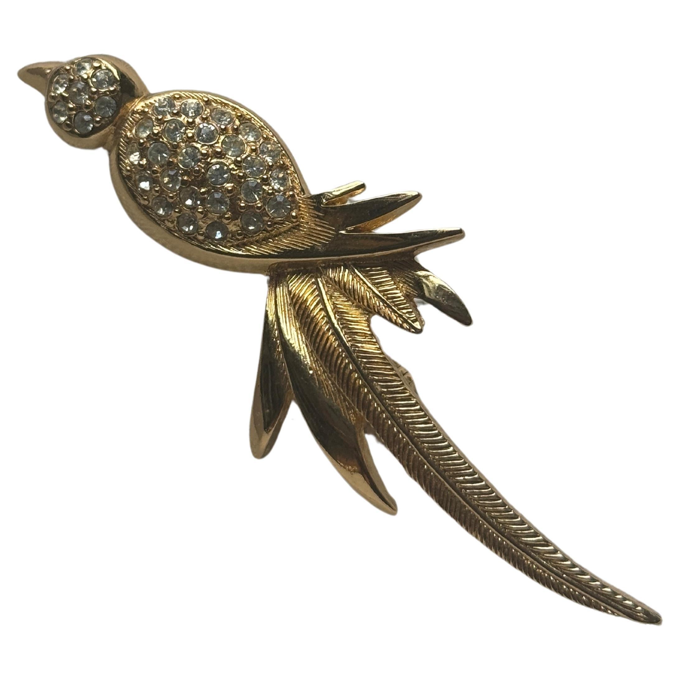 Vintage Christian Dior Gold Tone Bird Brooch with Crystals  For Sale