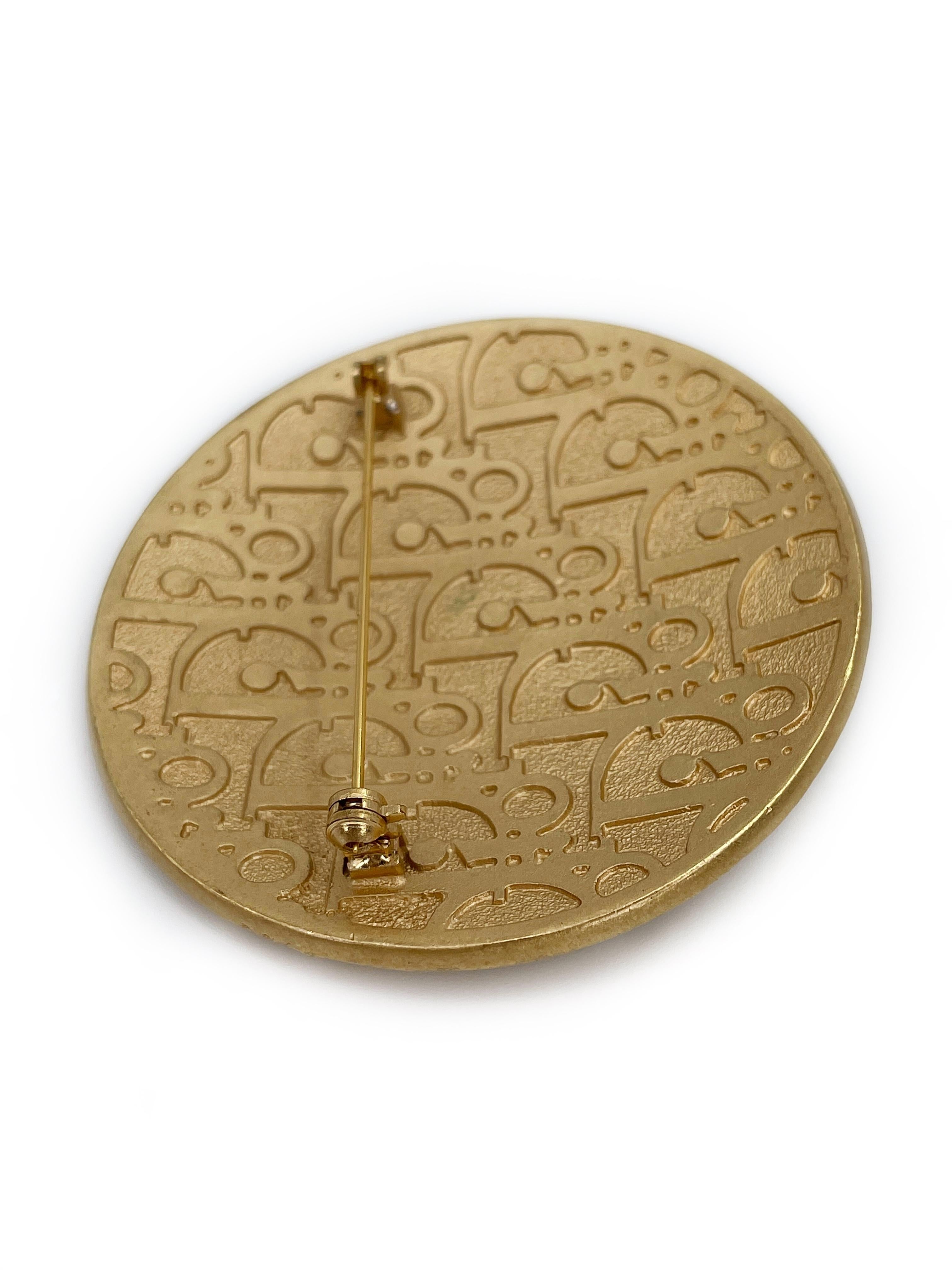 Women's or Men's 1990s Vintage Christian Dior Gold Tone Celtic Shield Brooch