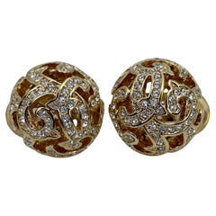 Vintage Christian Dior Gold Tone Crystal Openwork Round Clip on Earrings