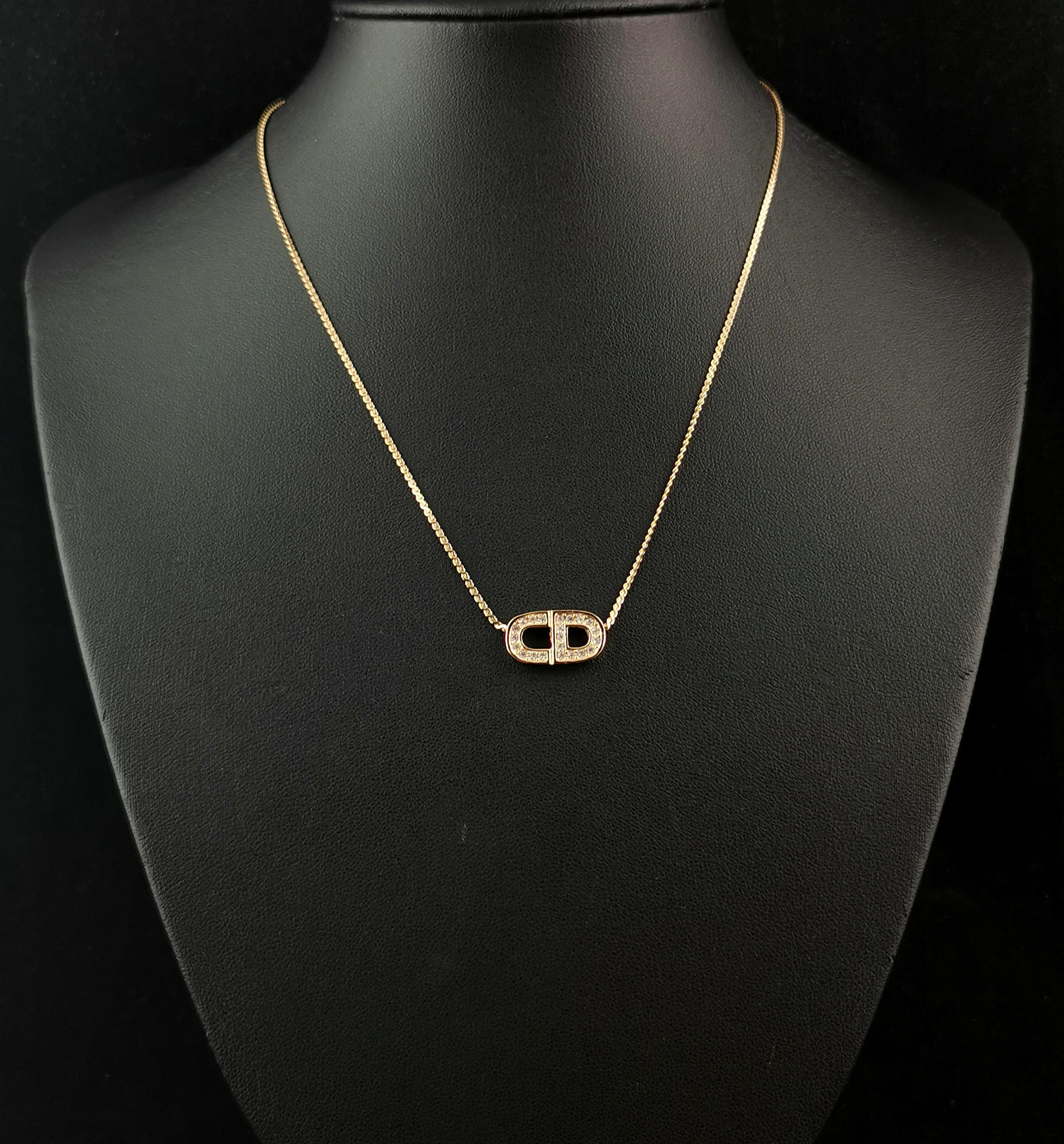  Vintage Christian Dior gold tone diamante logo pendant necklace  For Sale 5