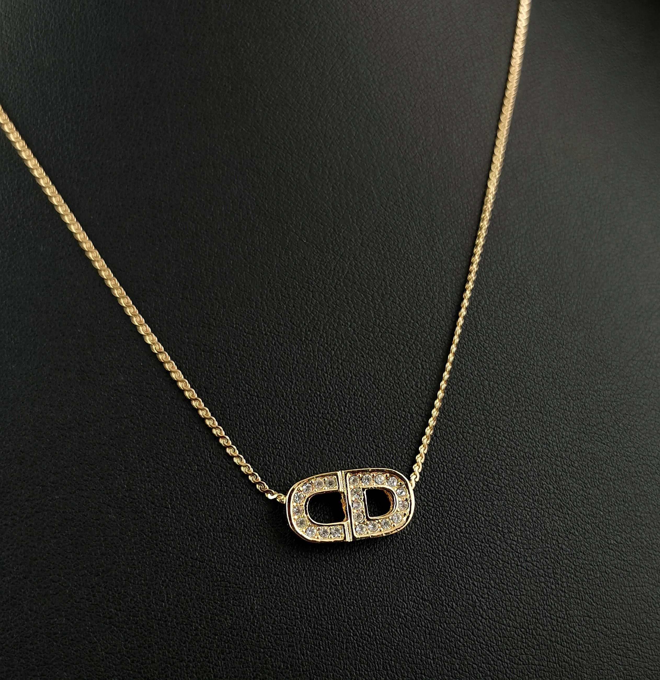  Vintage Christian Dior gold tone diamante logo pendant necklace  For Sale 7