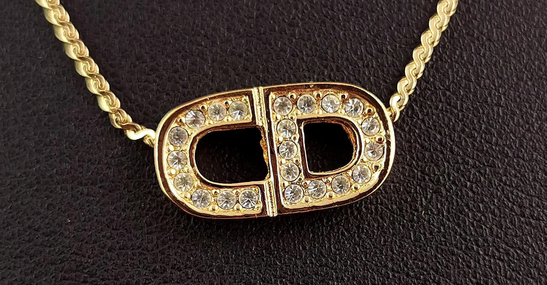 Modern  Vintage Christian Dior gold tone diamante logo pendant necklace  For Sale