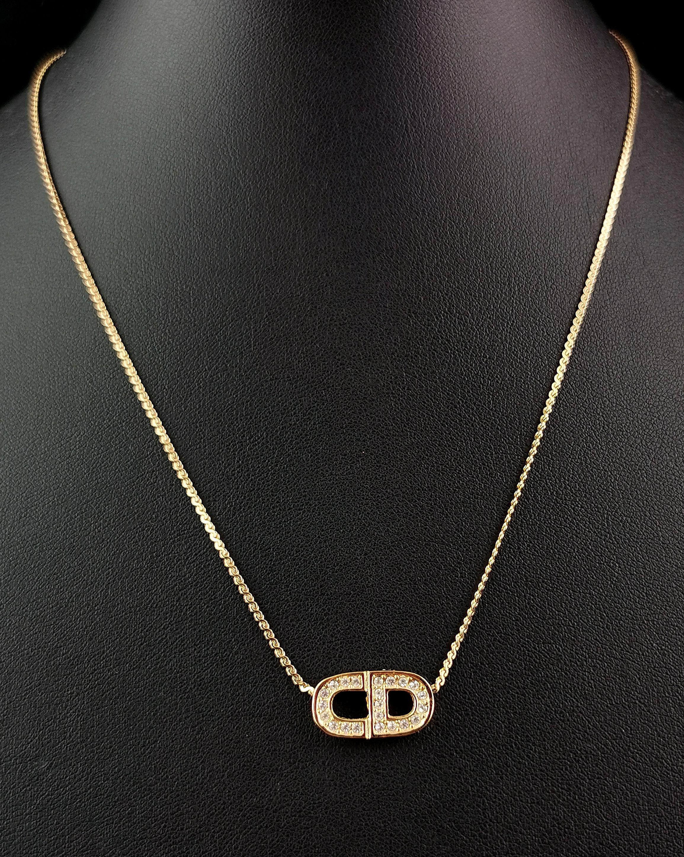  Vintage Christian Dior gold tone diamante logo pendant necklace  In Good Condition For Sale In NEWARK, GB