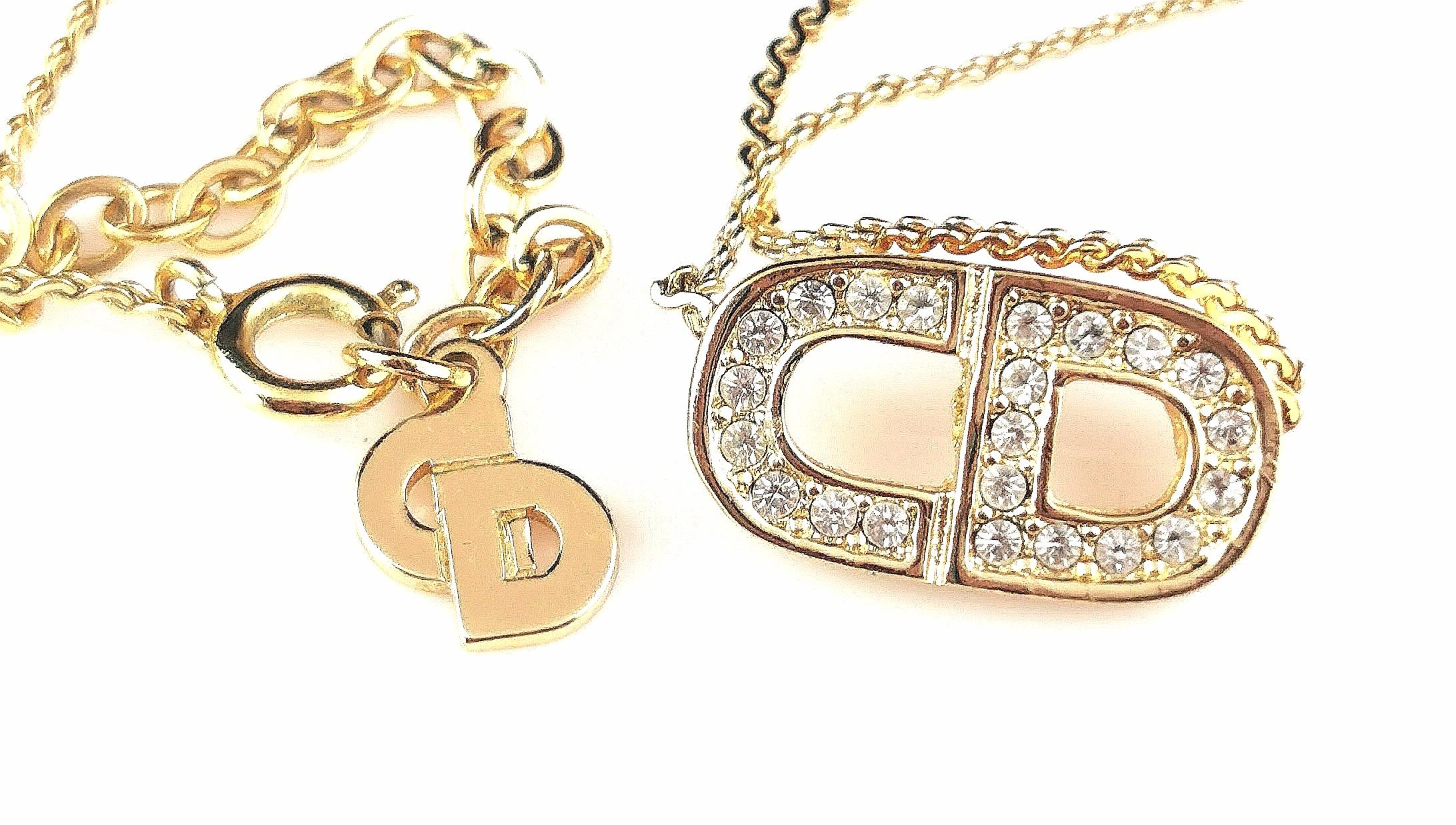 Women's  Vintage Christian Dior gold tone diamante logo pendant necklace  For Sale