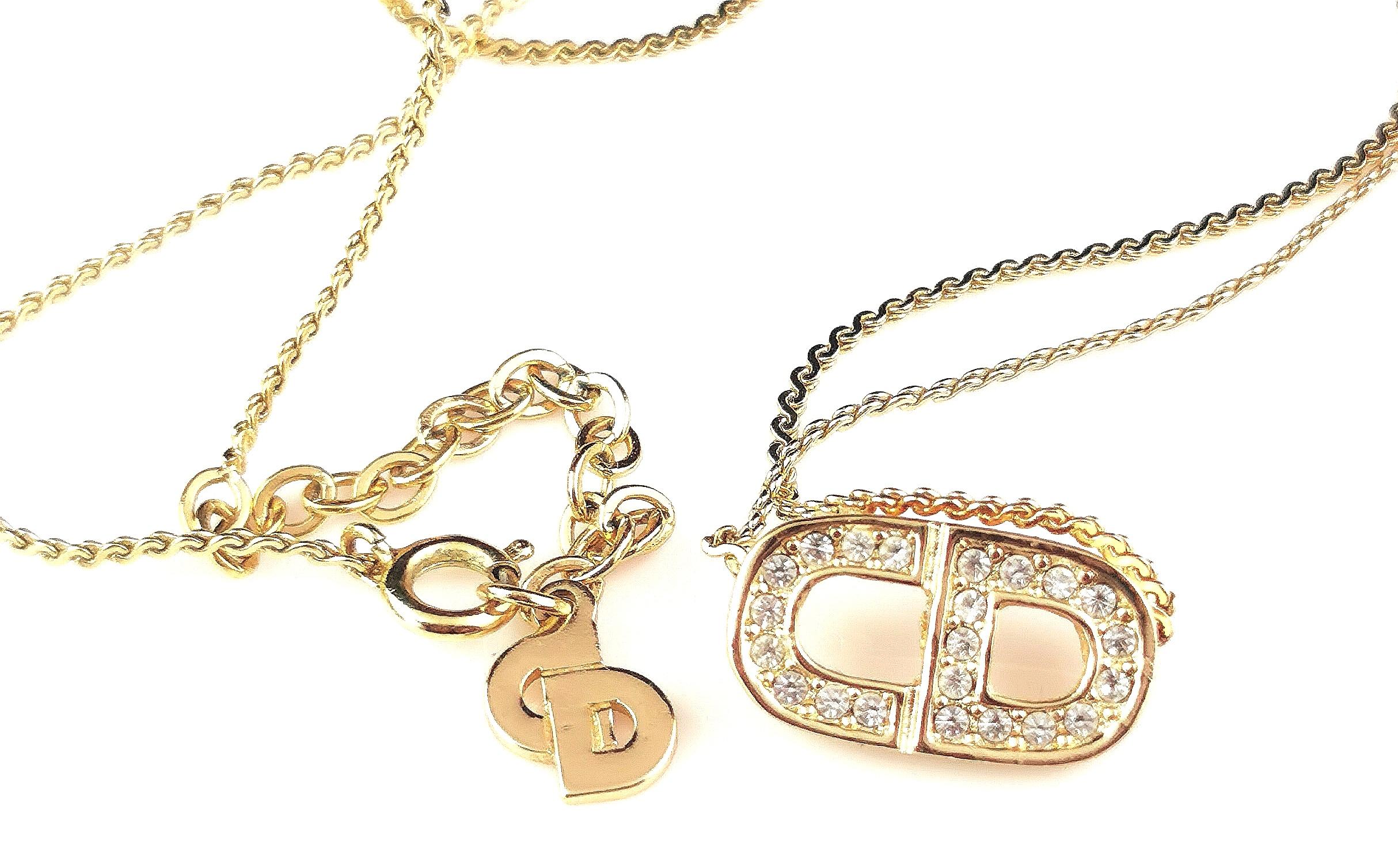  Vintage Christian Dior gold tone diamante logo pendant necklace  For Sale 1