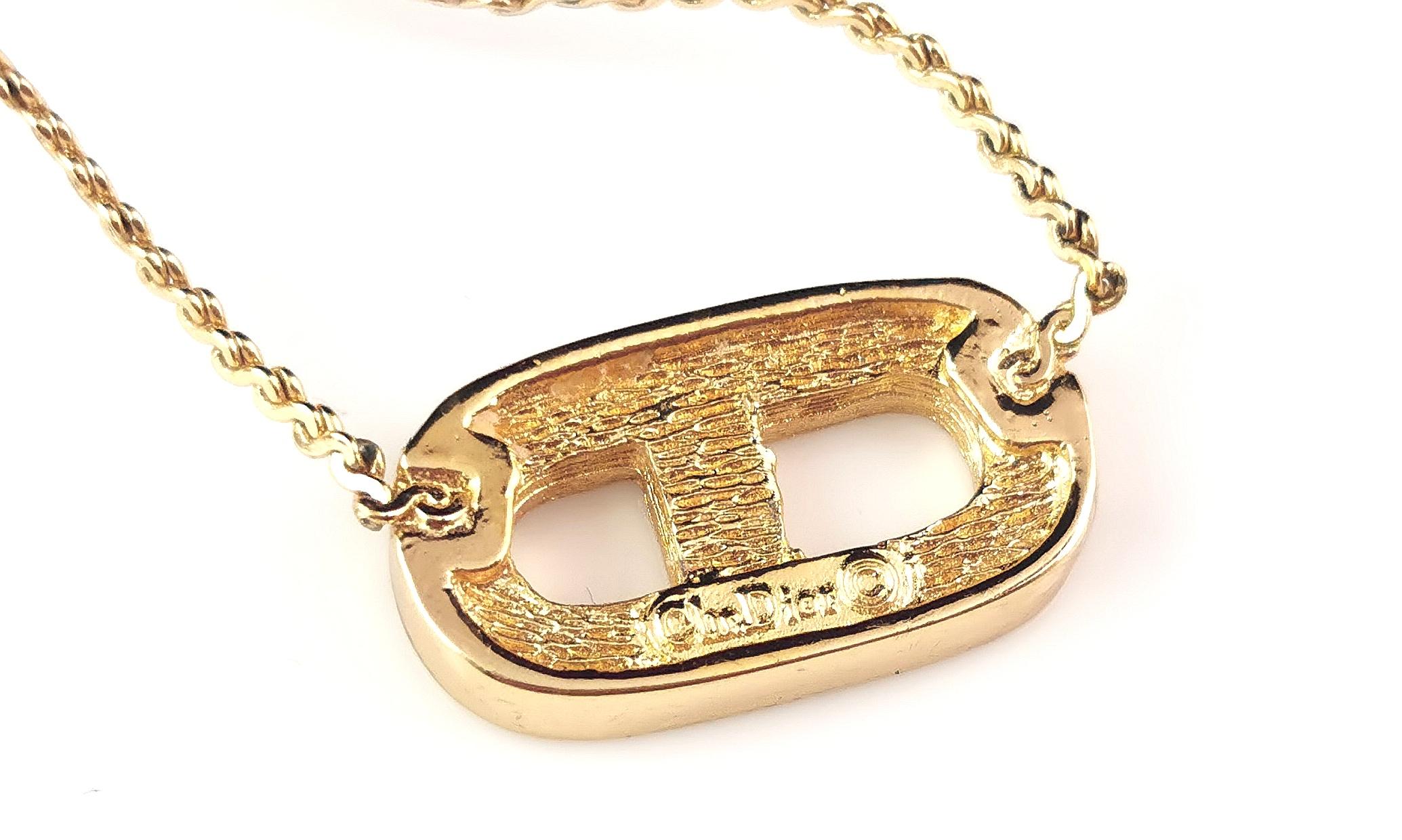  Vintage Christian Dior gold tone diamante logo pendant necklace  For Sale 2