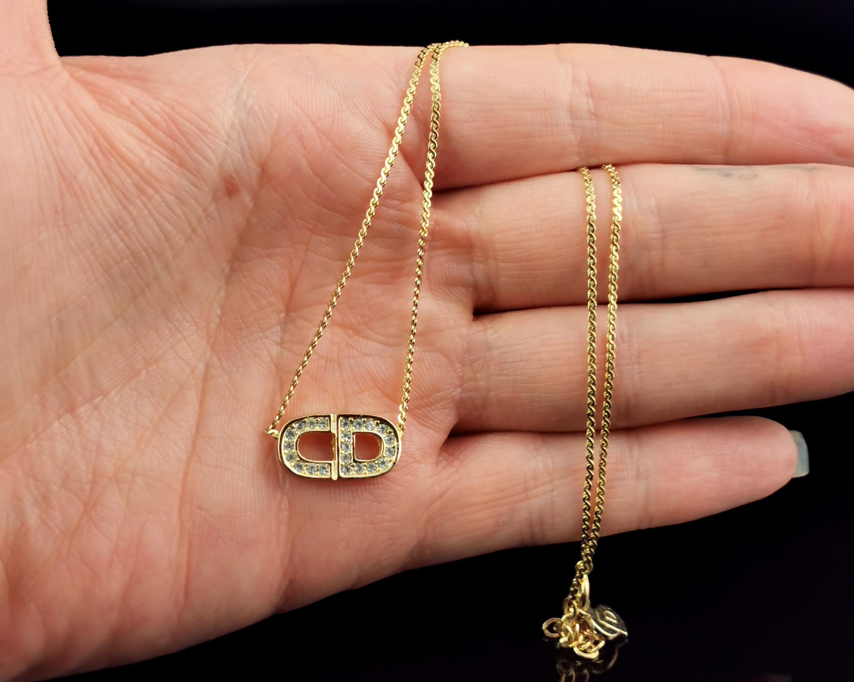  Vintage Christian Dior gold tone diamante logo pendant necklace  For Sale 4