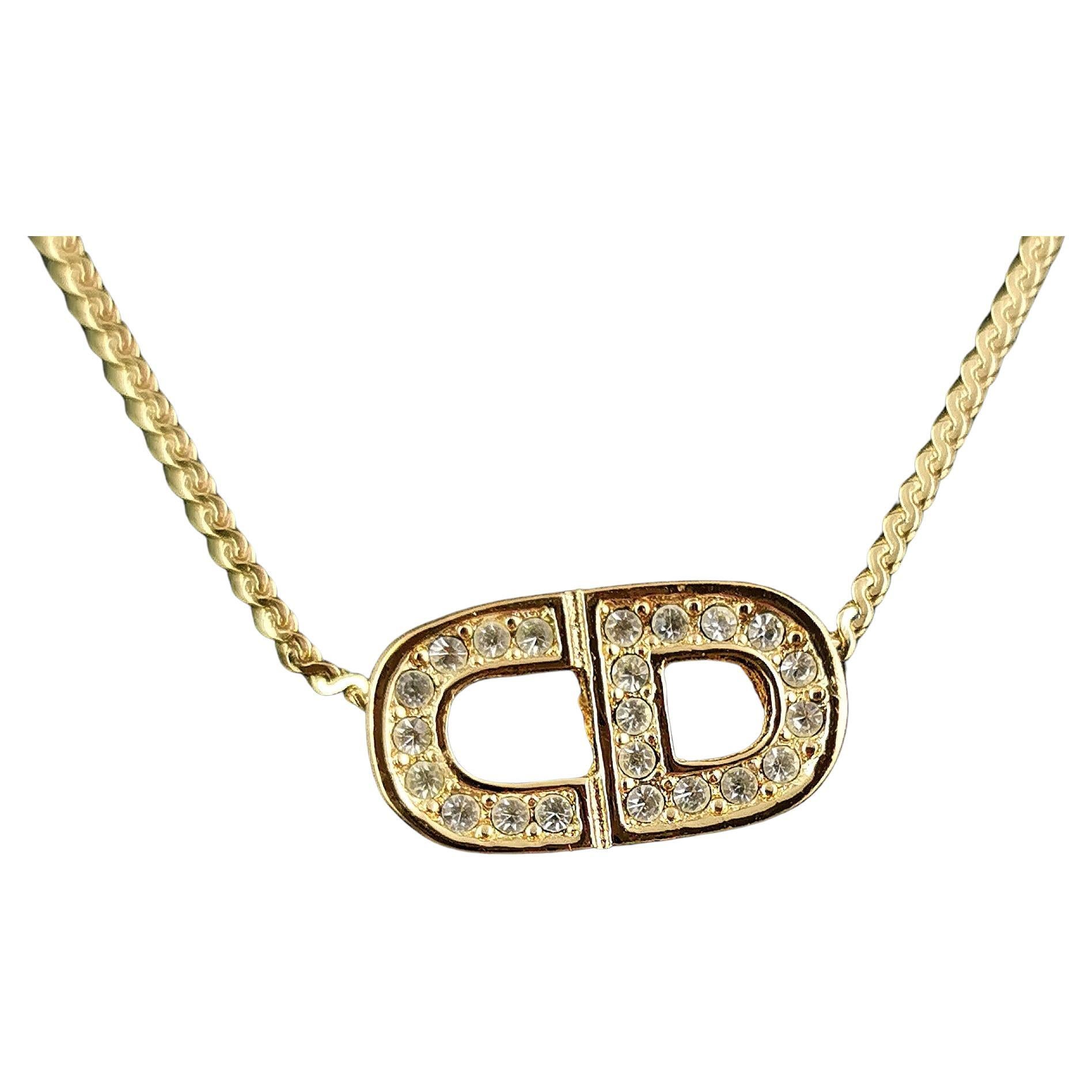  Vintage Christian Dior gold tone diamante logo pendant necklace  For Sale
