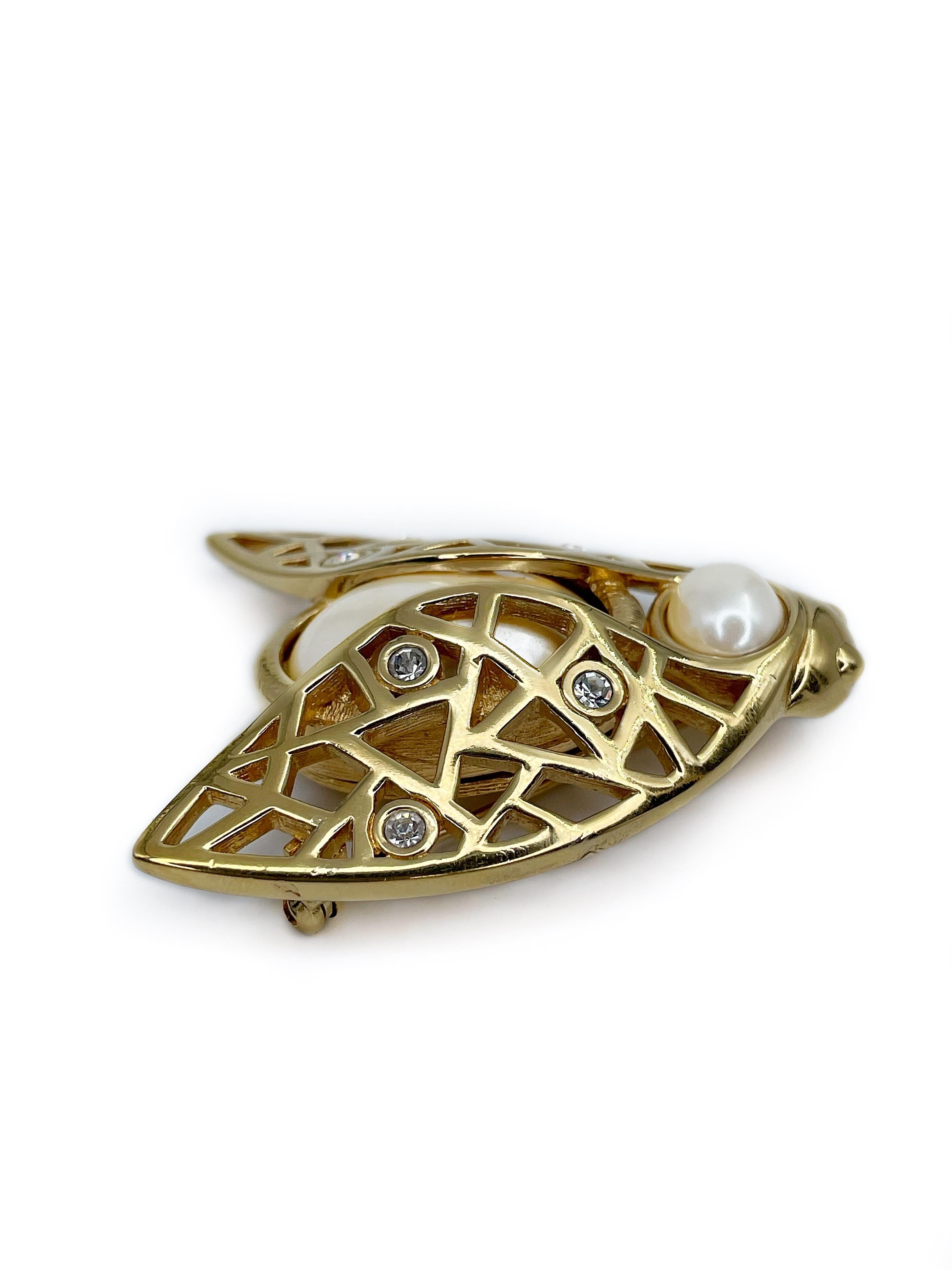 Contemporary Vintage Christian Dior Gold Tone Pearl Crystal Insect Pin Brooch