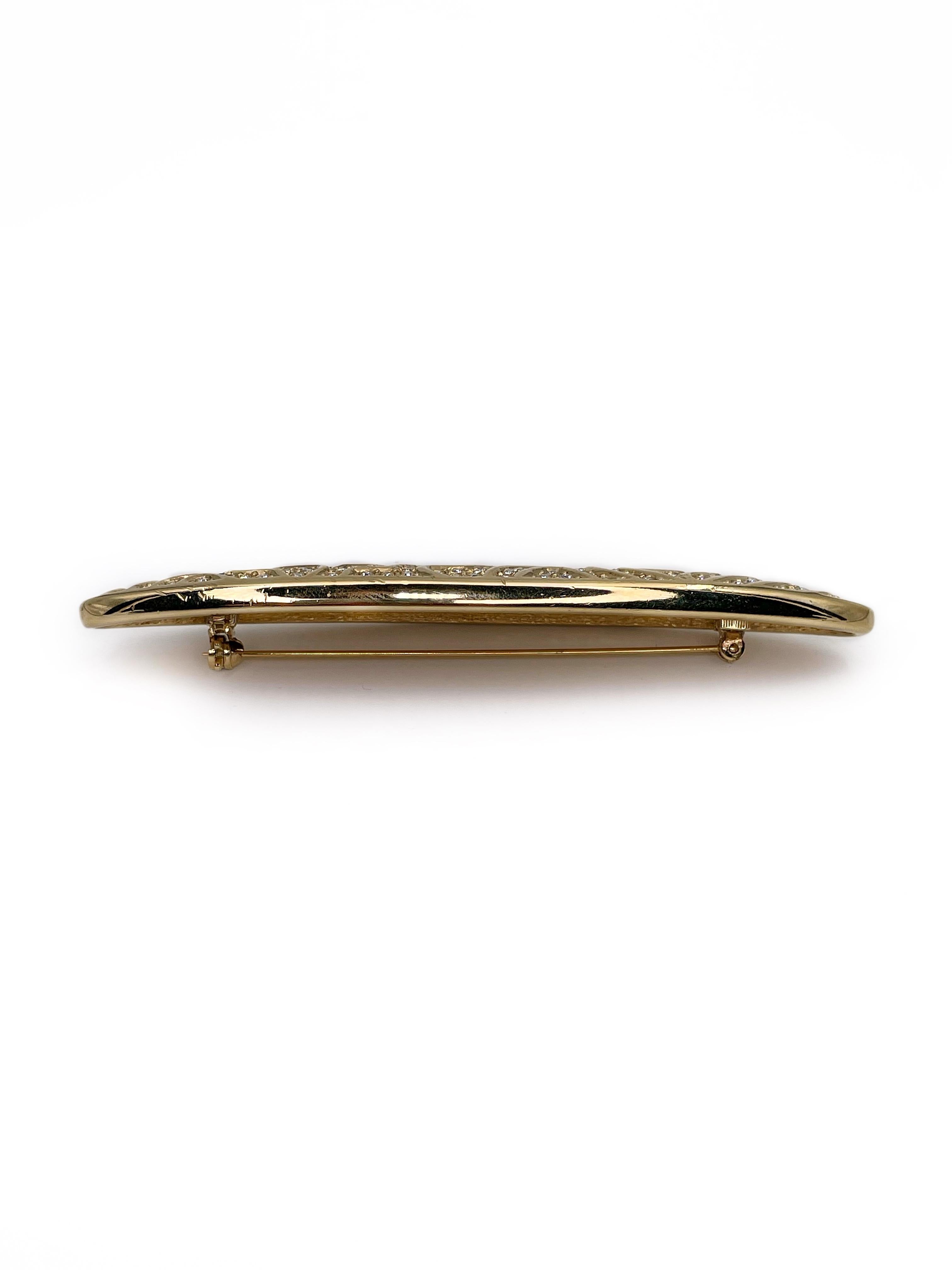 1990s Vintage Christian Dior Yellow Gold Tone Rhinestone Horizontal Oval Brooch In Good Condition In Vilnius, LT