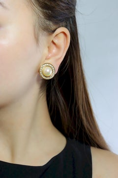 Vintage Christian Dior Gold Tone Rhinestone Round Dome Faux Pearl Earring