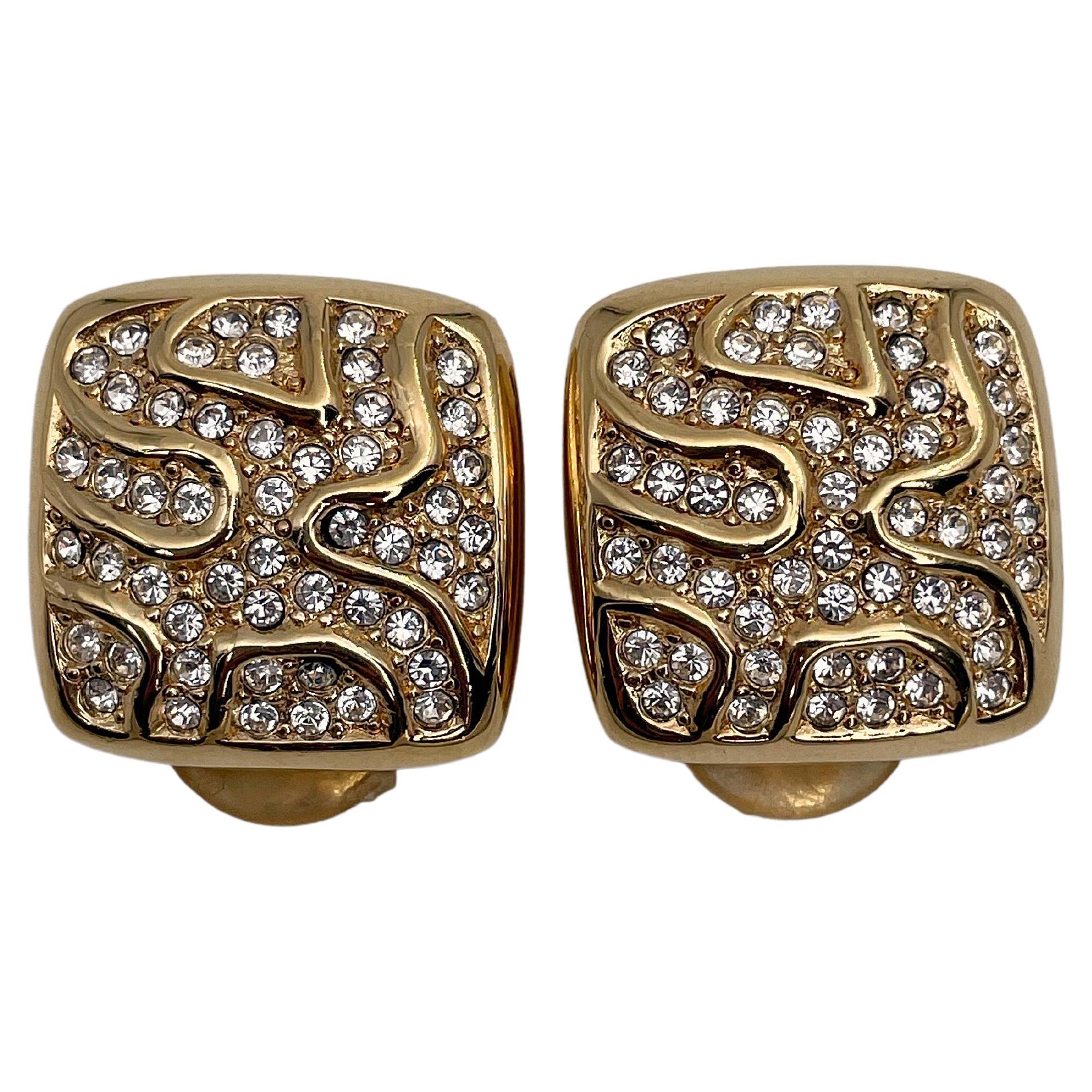 1990s Vintage Christian Dior Yellow Gold Tone Rhinestone Square Clip on Earrings