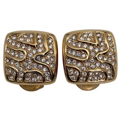 1990s Vintage Christian Dior Yellow Gold Tone Rhinestone Square Clip on Earrings