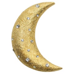 Vintage Christian Dior Gold Tone Rhinestones Moon Brooch Pin