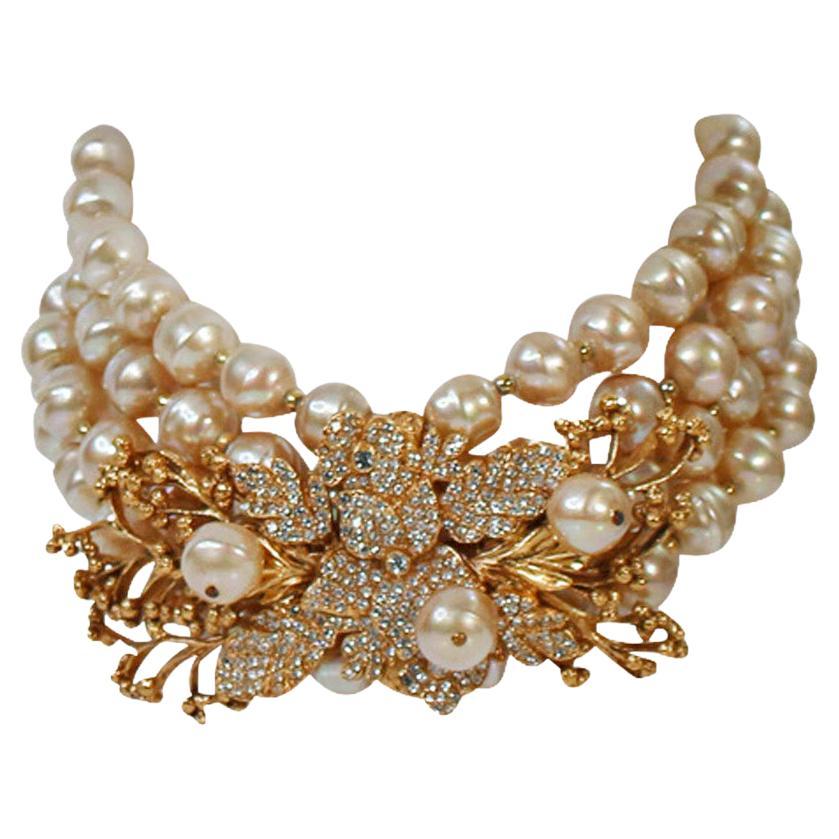 Vintage Christian Dior  Collier Couture en or et perles Circa 1980 en vente