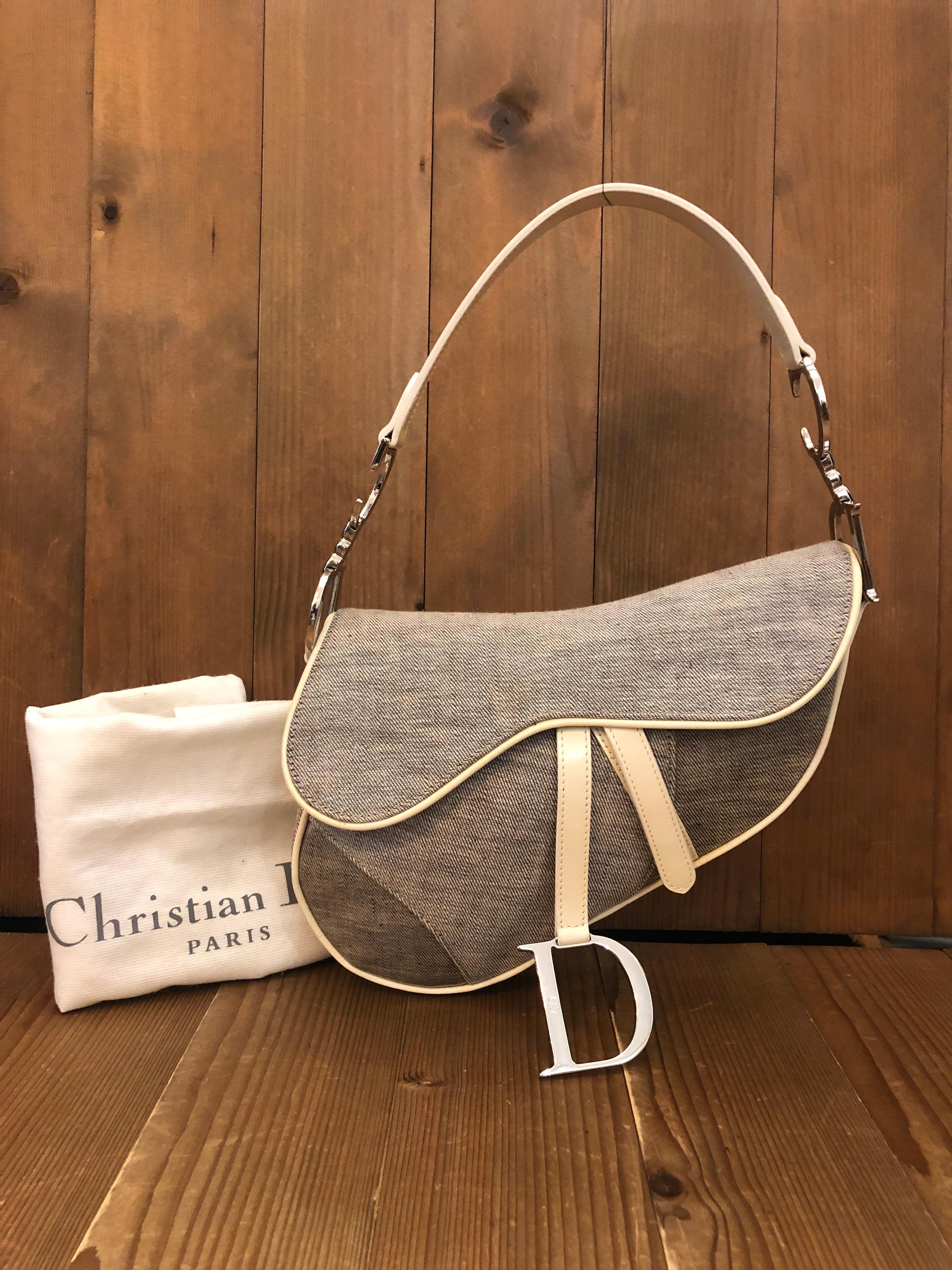 Brown Vintage CHRISTIAN DIOR Gray Canvas Saddle Bag For Sale