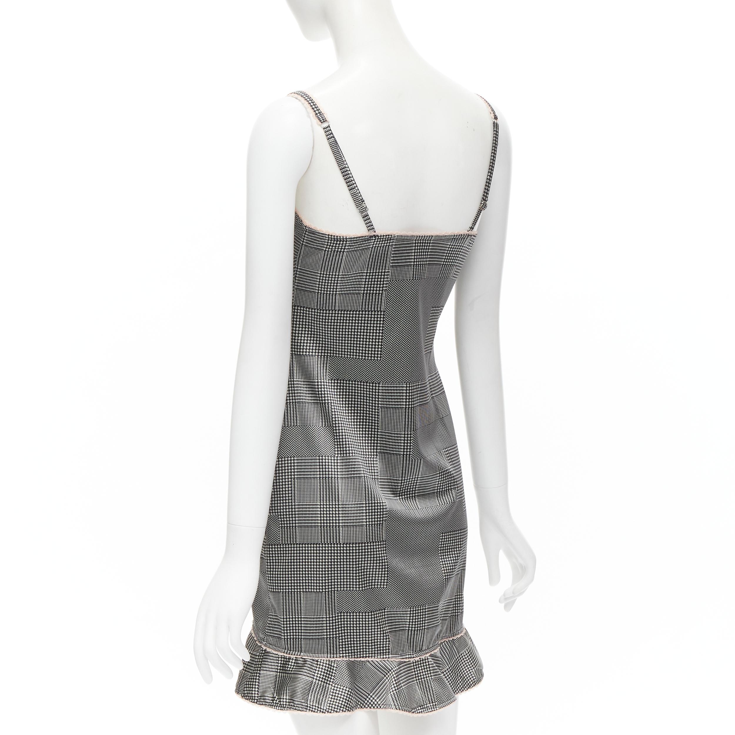 Gray vintage CHRISTIAN DIOR grey check houndstooth pink lace mini dress FR36 S