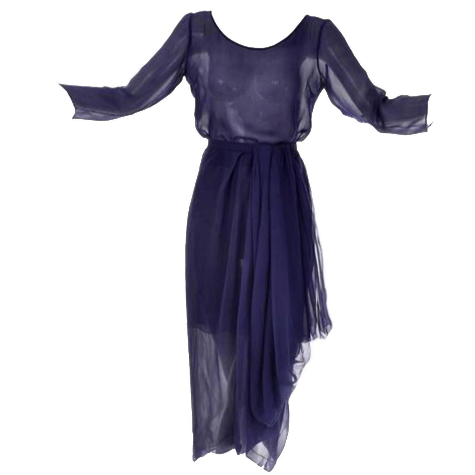 Robe haute couture vintage Christian Dior numérotée en mousseline de soie bleu marine XS en vente 4