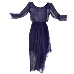 Robe haute couture vintage Christian Dior numérotée en mousseline de soie bleu marine XS