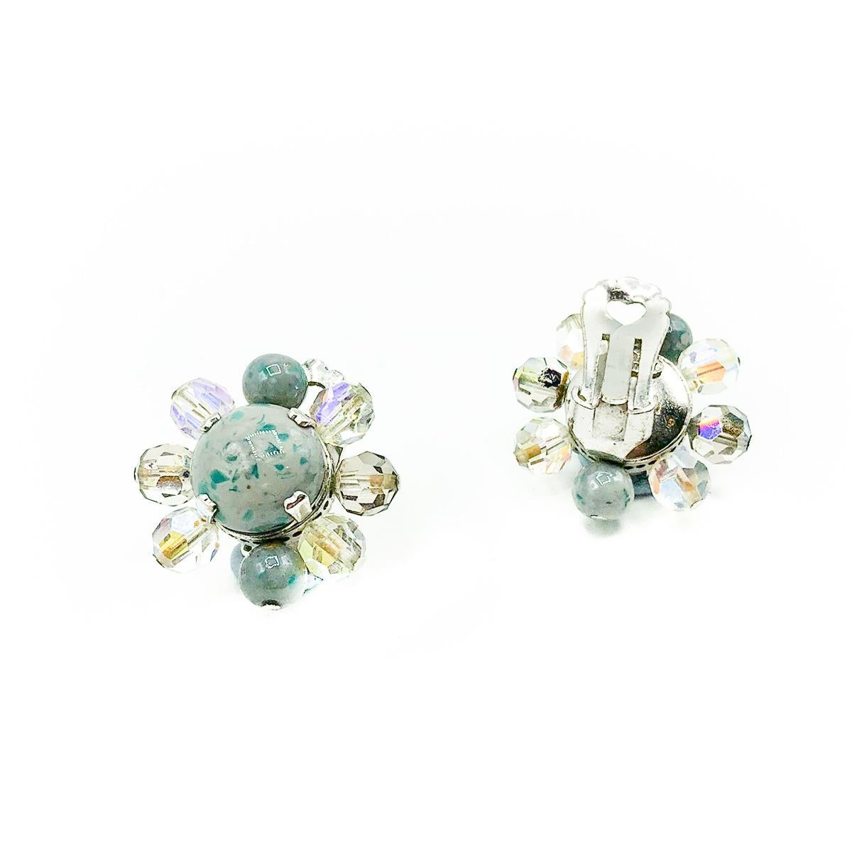 Femenino o masculino Clips de cristal Vintage Christian Dior Gris Hielo Moteado 1958 en venta