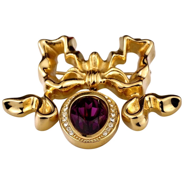 Vintage CHRISTIAN DIOR Iconic French Bow Purple Stone Brooch For Sale