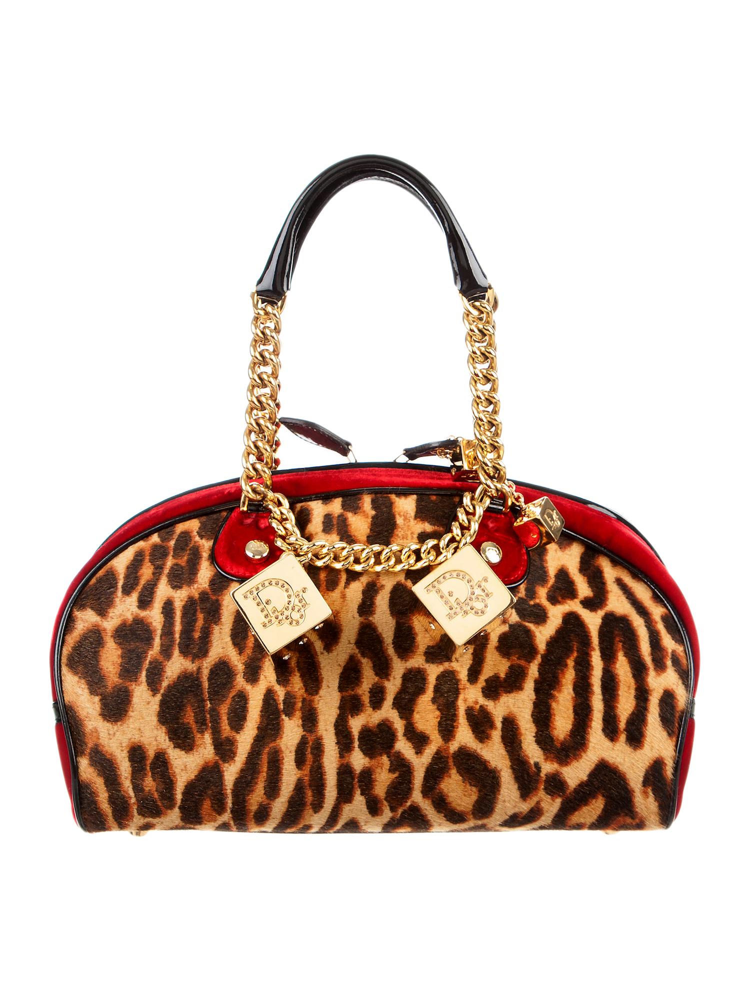 Vintage John Galliano for Christian Dior leopard and red velvet Gambler hand bag with giant gold tone & rhinestone 
