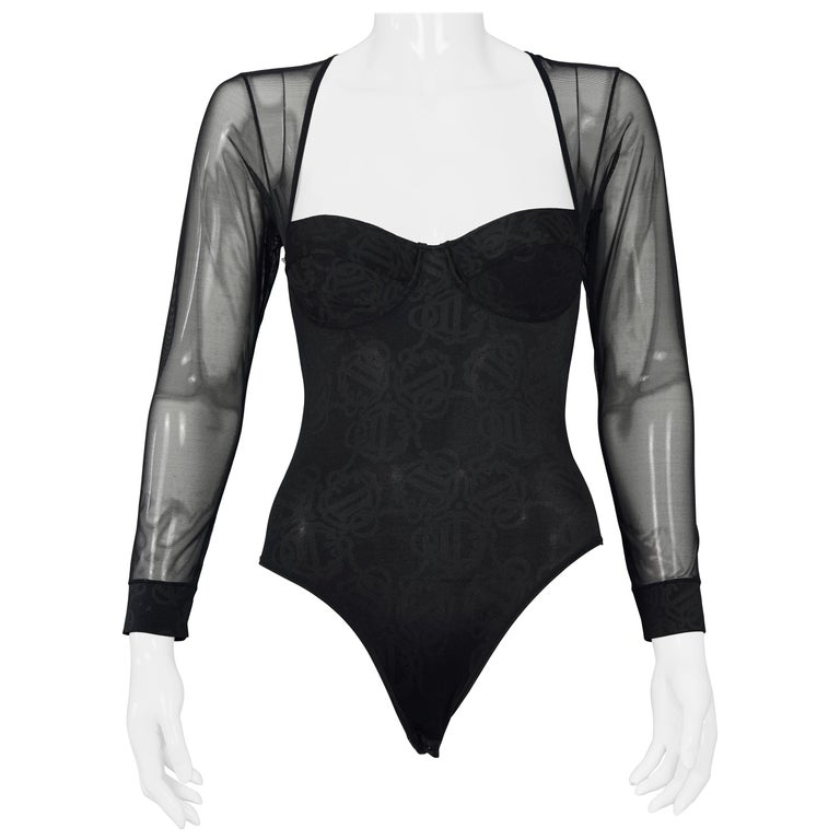 Vintage CHRISTIAN DIOR Insignia Logo Monogram Black Bodysuit