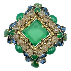 Vintage Christian Dior Jade Sapphire & Agate Glass Statement Brooch 1964