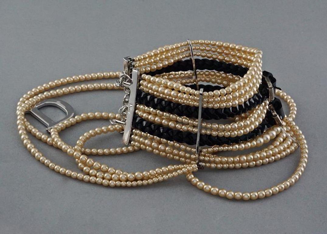 Vintage CHRISTIAN DIOR John Galliano collier ras du cou en cuir avec boucle en perles Masai 1