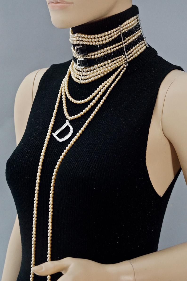 Vintage CHRISTIAN DIOR John Galliano collier ras du cou en cuir avec boucle en perles Masai 5