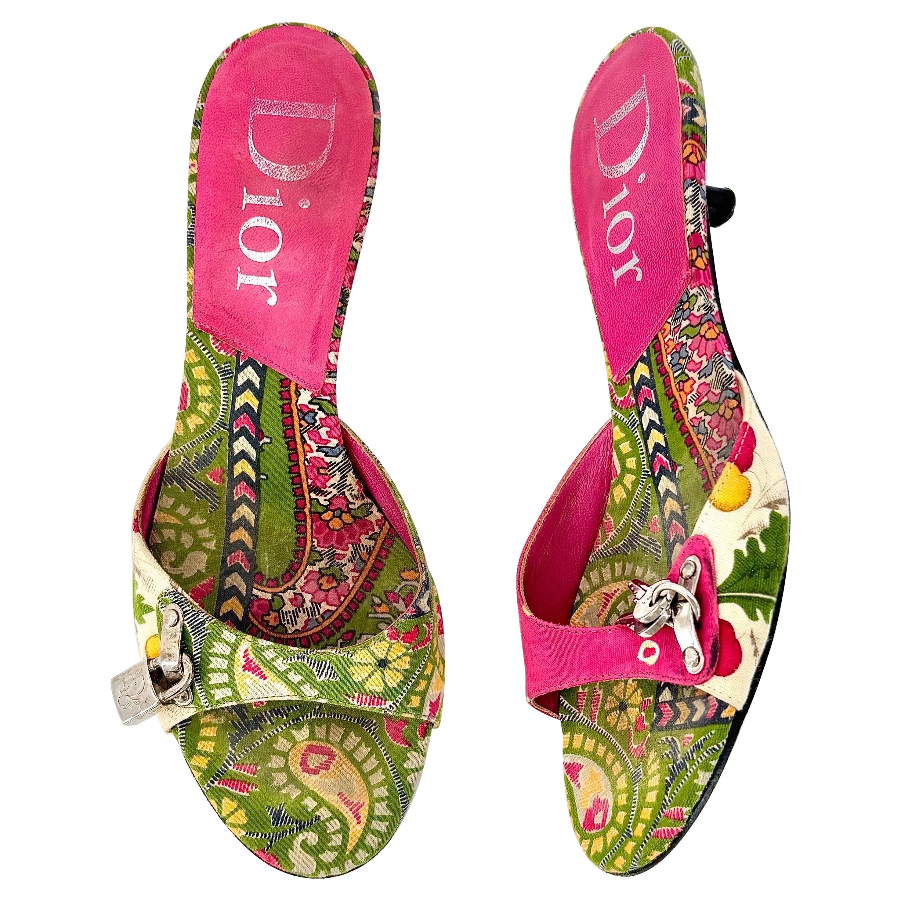 Vintage Christian Dior John Galliano Padlock Floral and Paisley Print Mules 36