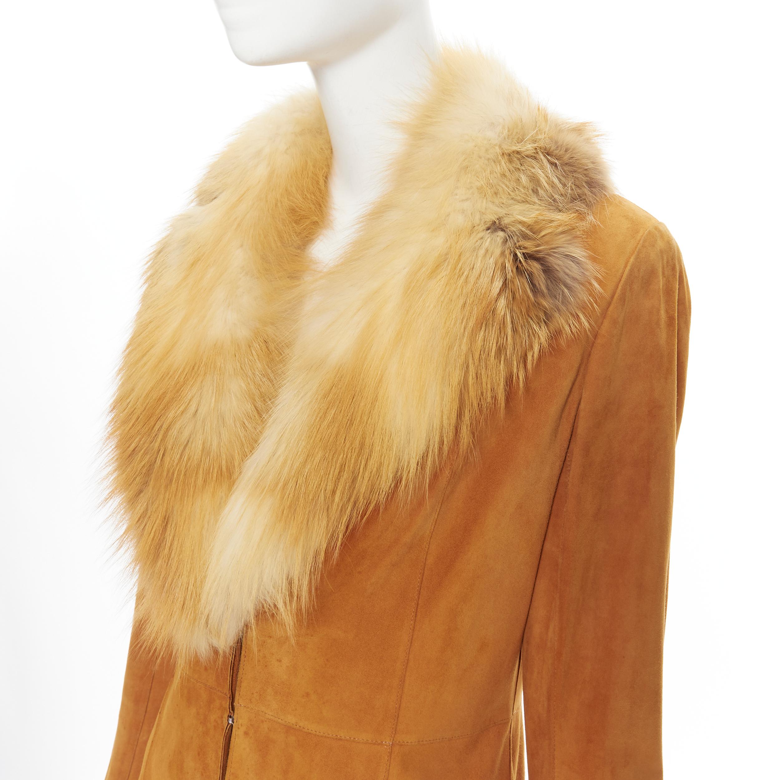 vintage CHRISTIAN DIOR JOHN GALLIANO tan brown suede fox collar jacket FR40 M Reference: GIYG/A00003 
Brand: Christian Dior 
Designer: John Galliano 
Material: Suede 
Color: Brown 
Pattern: Solid 
Closure: Hook & Eye 
Extra Detail: Tan brown suede