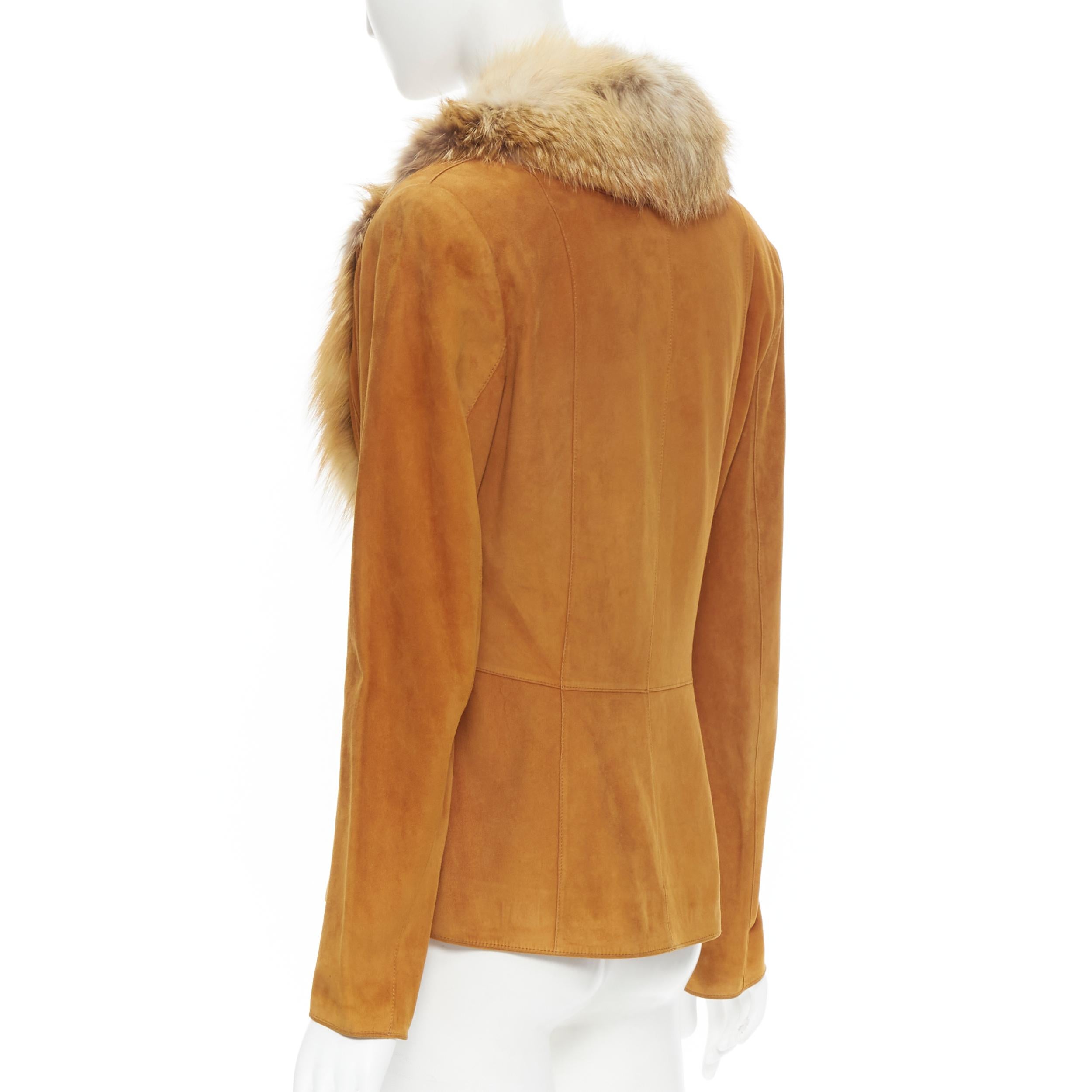 Brown vintage CHRISTIAN DIOR JOHN GALLIANO tan brown suede fox collar jacket FR40 M