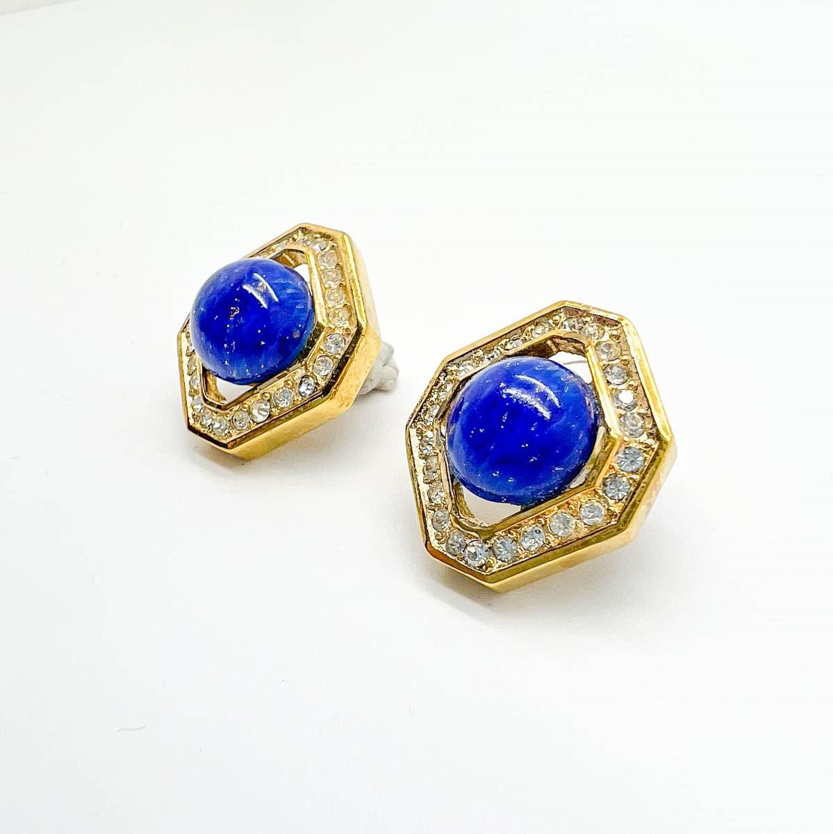 Vintage Christian Dior Lapis Crystal Earrings 1980s In Good Condition For Sale In Wilmslow, GB