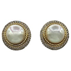 Vintage Christian Dior Large Faux Pearl Mabe Round Gold Pearl Clip On Earrings