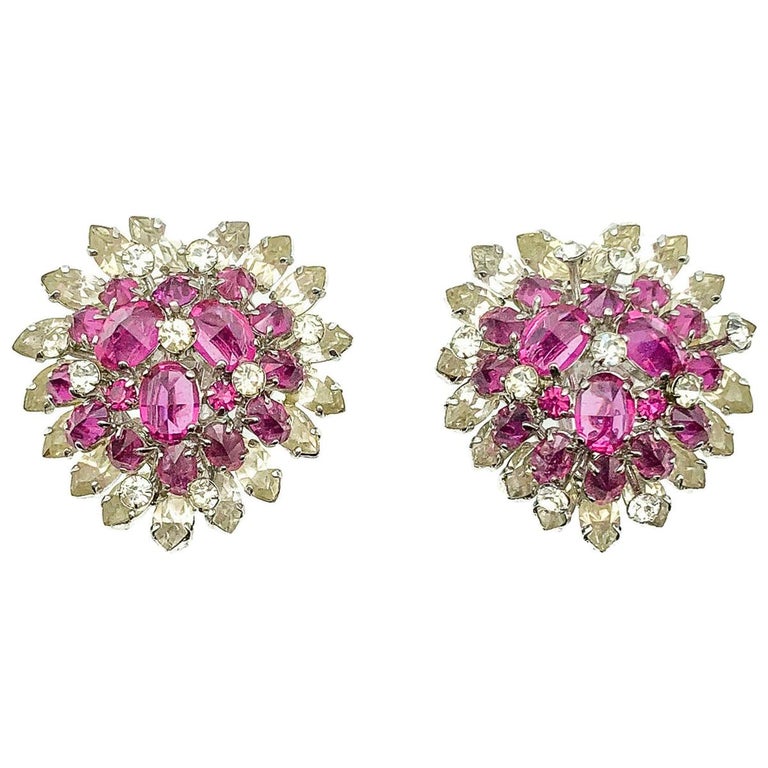 Boucles D'oreilles Vintage Cœur Gripoix Rouge Signées Oscar De La Renta - Occasion