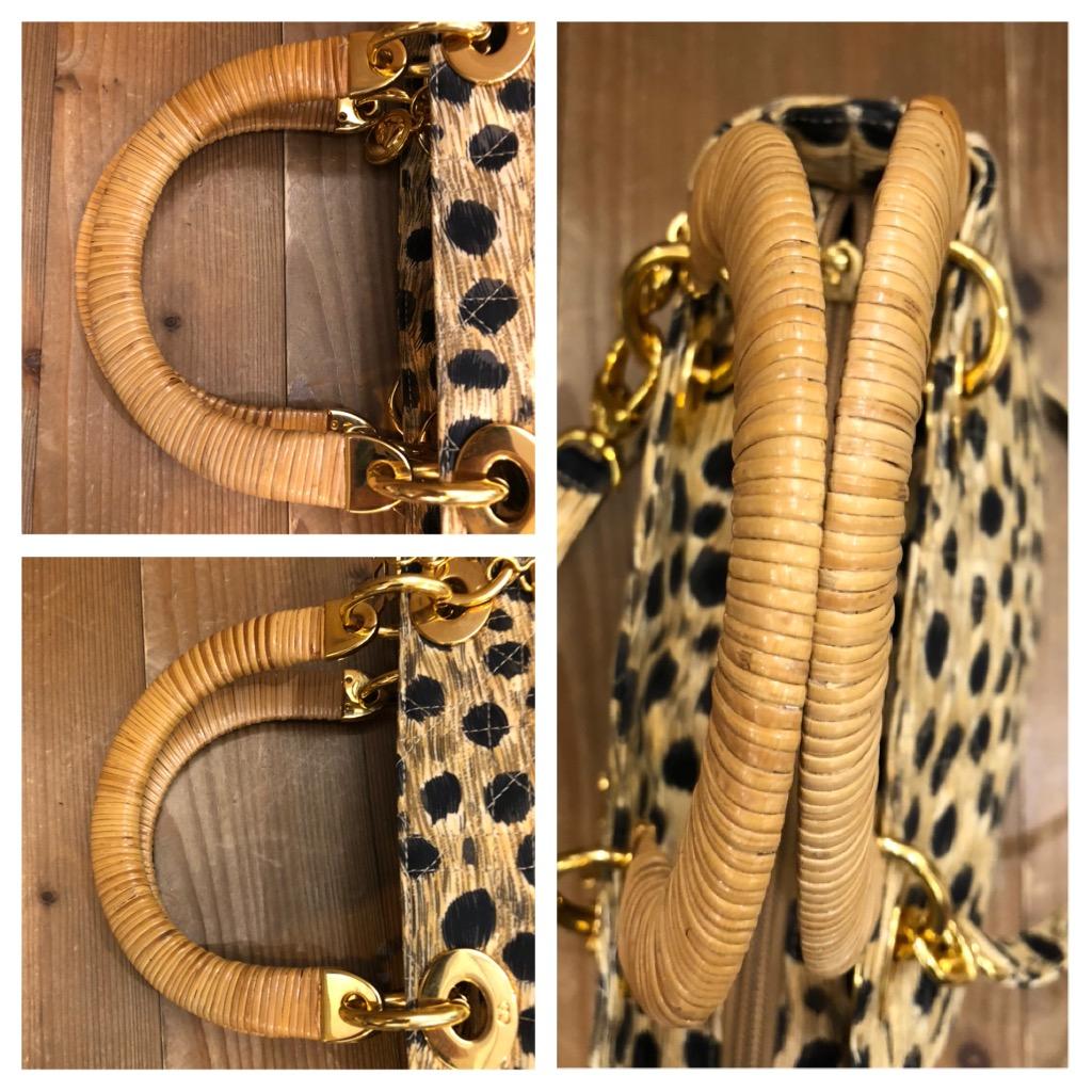 CHRISTIAN DIOR Petit sac à main vintage léopard Lady Dior à 2 anses en rotin 2