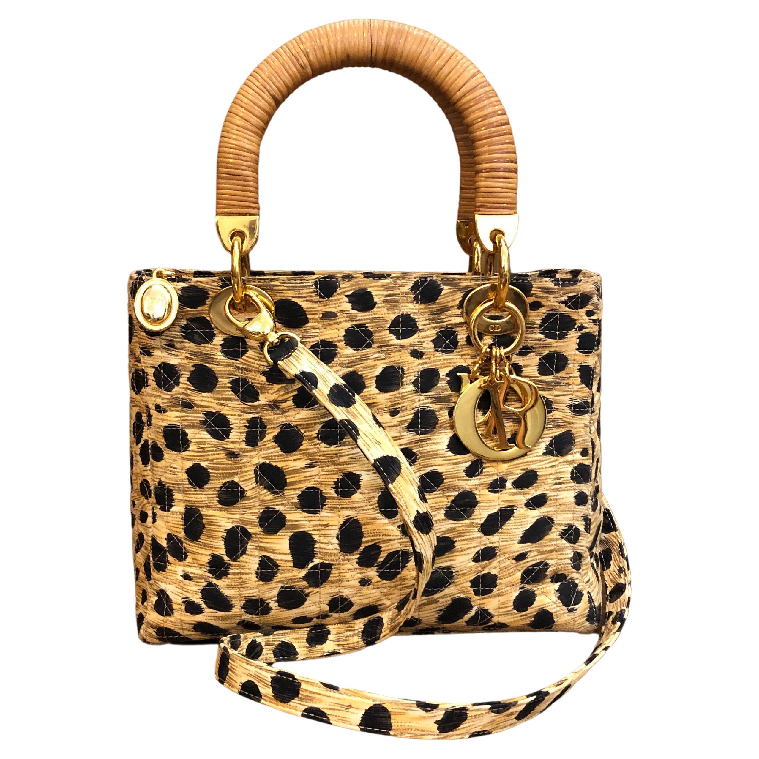 CHRISTIAN DIOR Petit sac à main vintage léopard Lady Dior à 2 anses en rotin