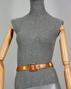 Vintage CHRISTIAN DIOR Lion Head Charms Brown Leather Belt