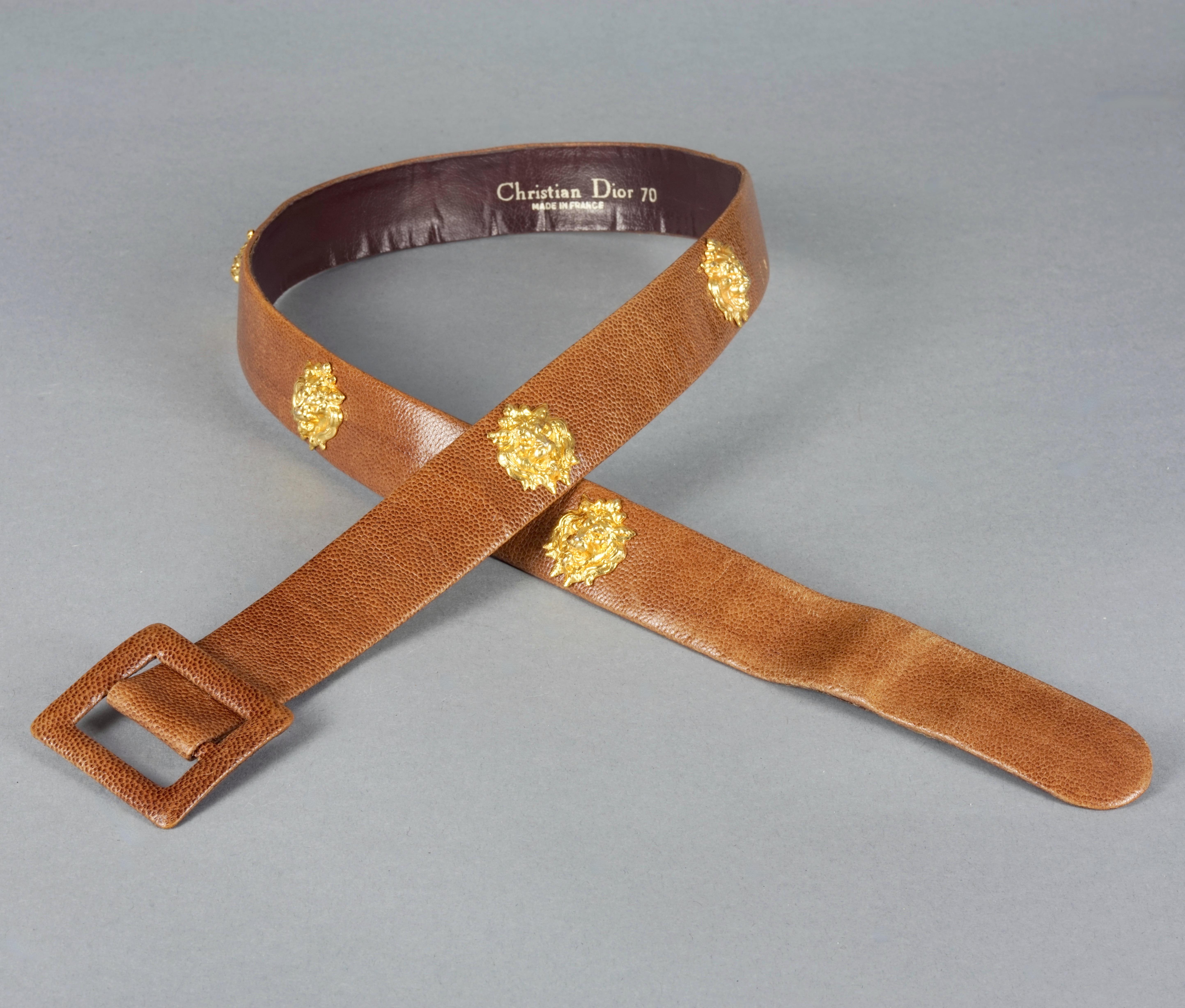 Vintage CHRISTIAN DIOR Lion Head Charms Brown Leather Belt For Sale 4