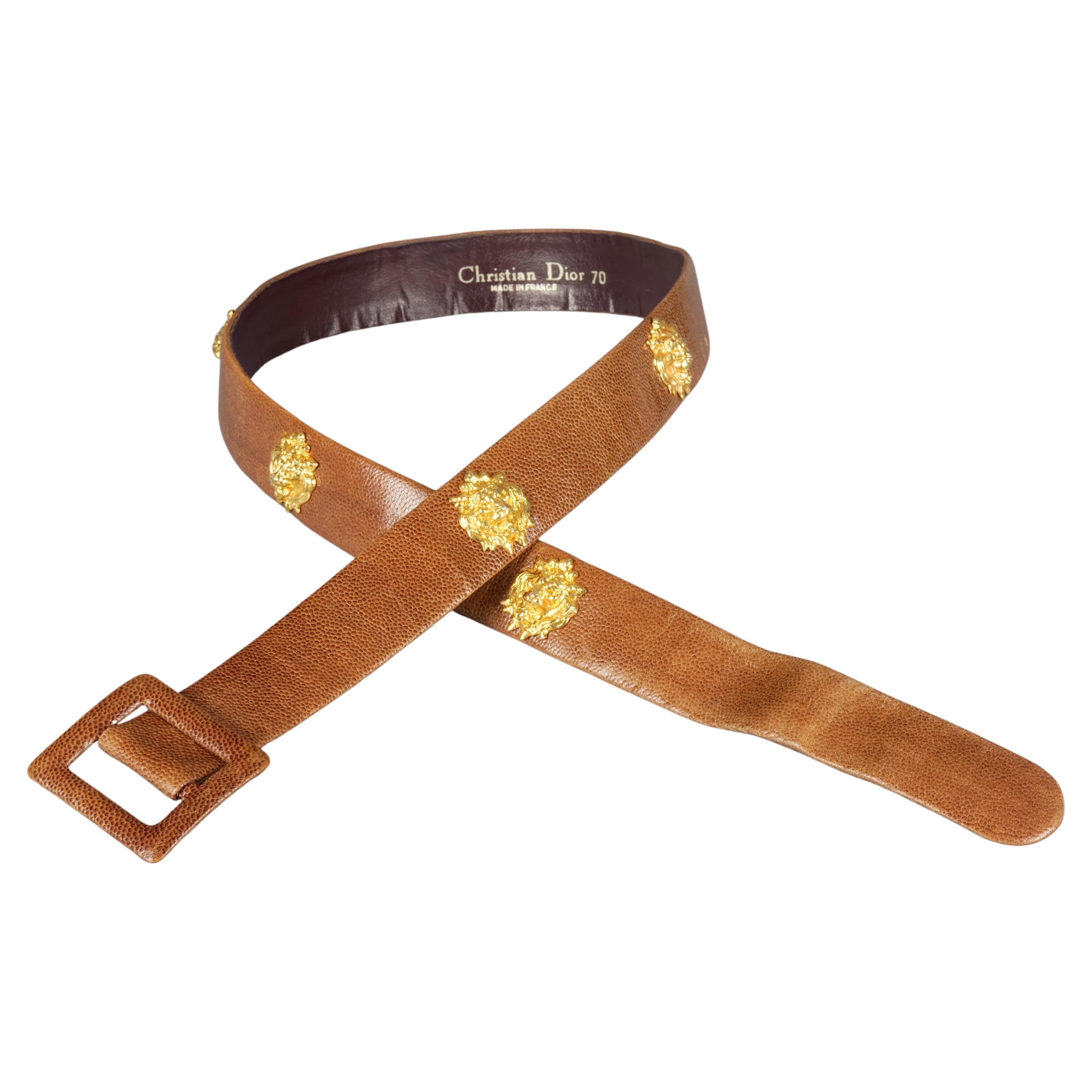Vintage CHRISTIAN DIOR Lion Head Charms Brown Leather Belt For Sale