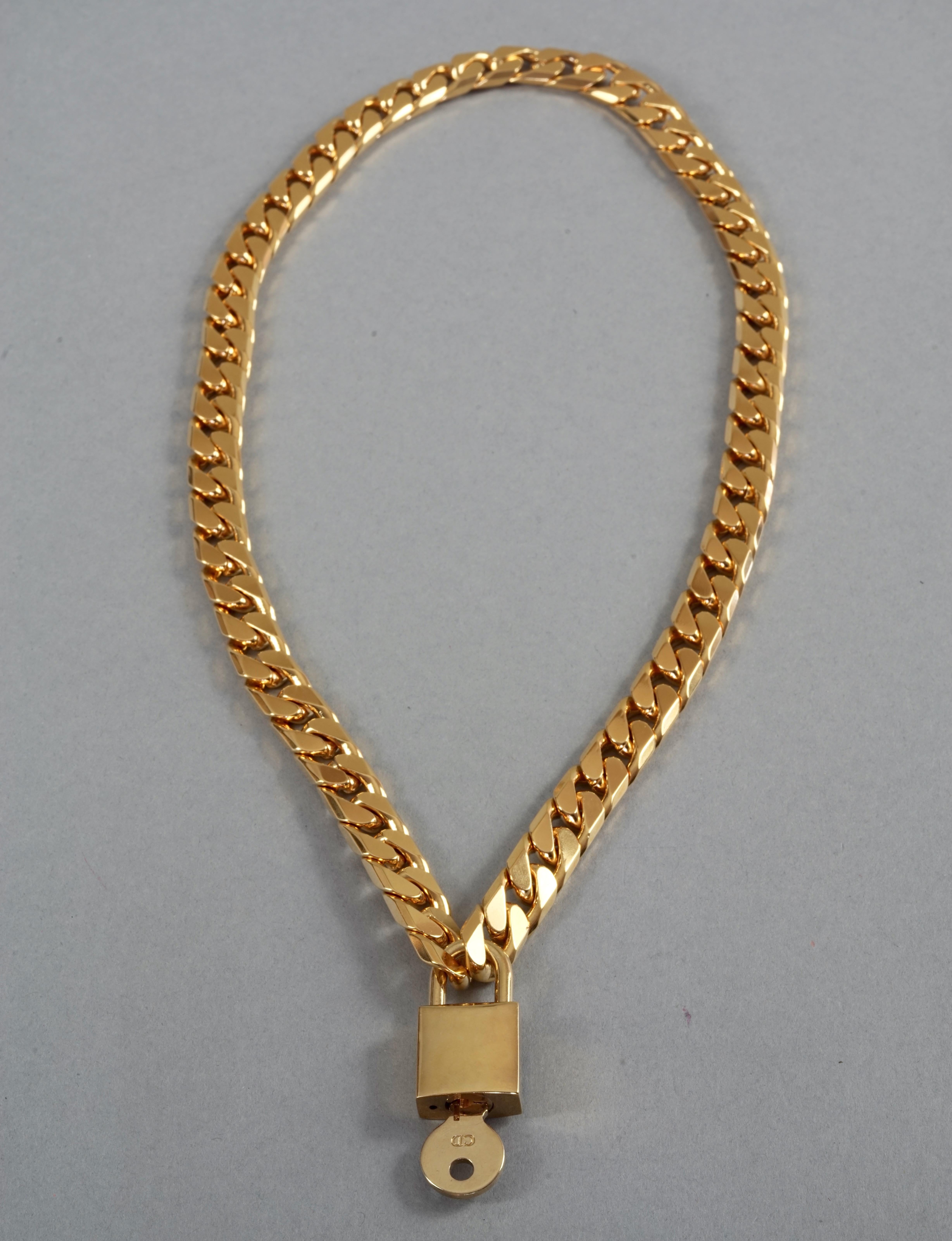 Women's Vintage CHRISTIAN DIOR Logo Cadena Padlock Key Pendant Chain Gold Necklace For Sale