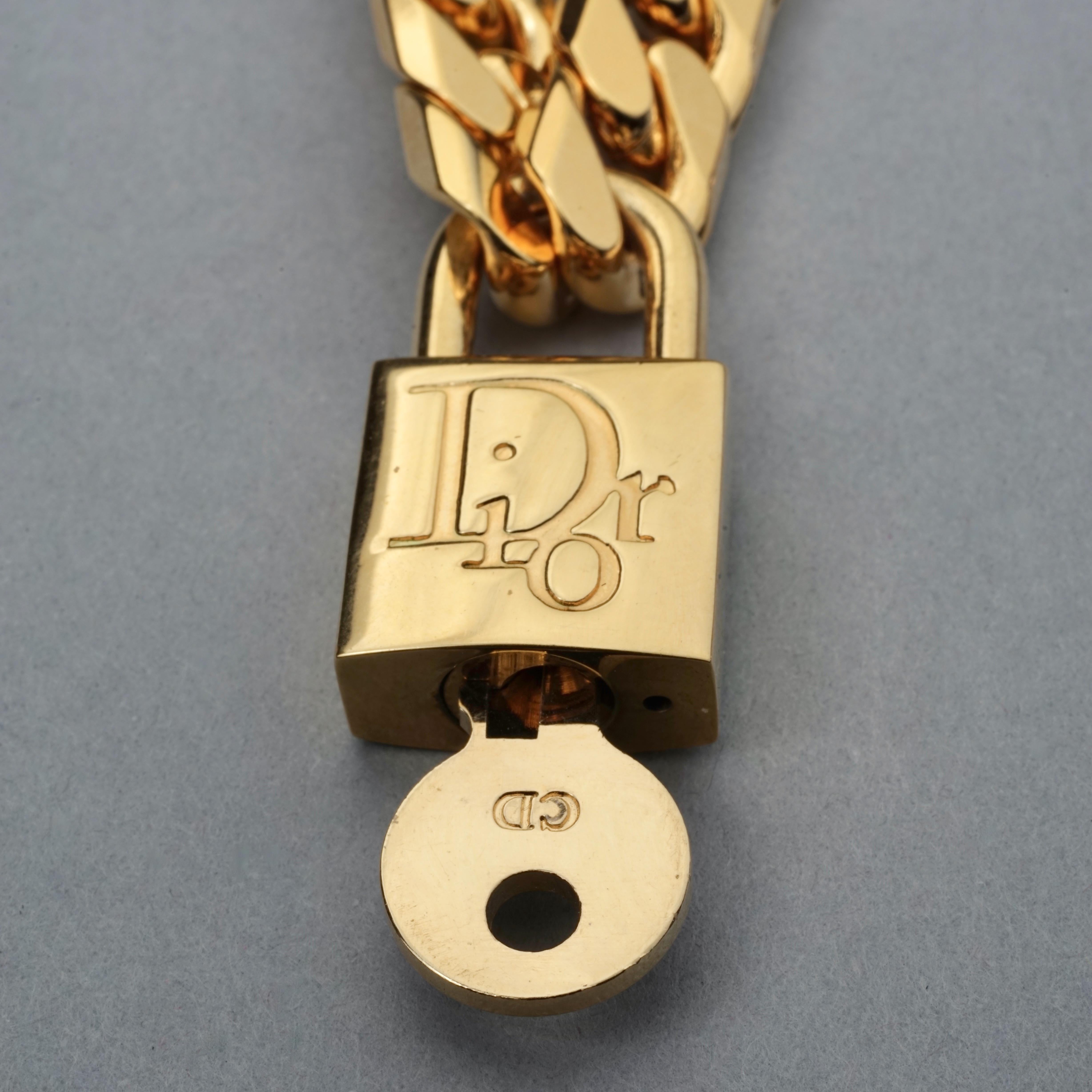 Vintage CHRISTIAN DIOR Logo Cadena Padlock Key Pendant Chain Gold Necklace For Sale 2